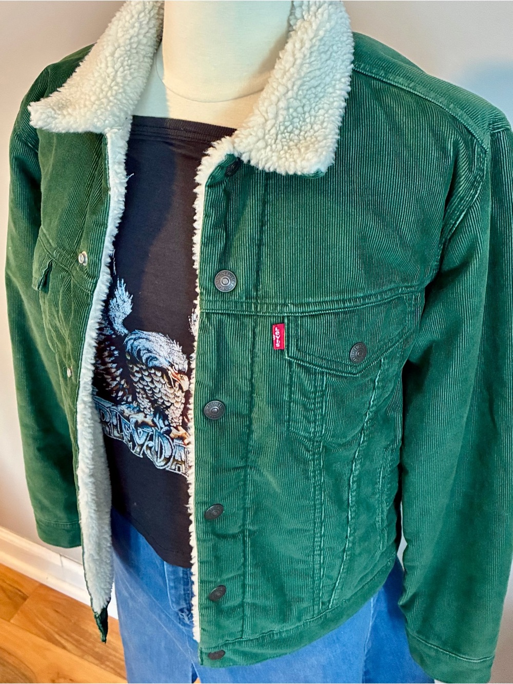 🆕 Levi's Green Corduroy Sherpa Jacket with Cream Lining Unisex Small